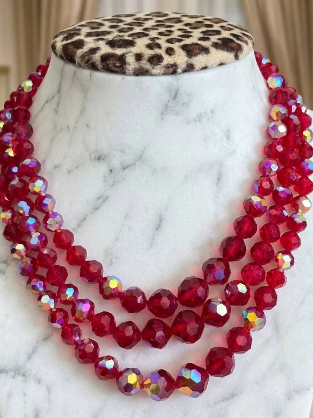 Vintage Ruby Cherry Red AB Crystal Glass triple Strand Necklace Faceted Beads
